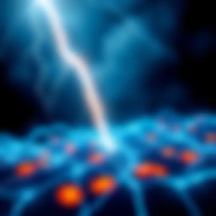 Visual representation of the Lightning Network for fast Bitcoin payments with bolts of lightning and Bitcoin symbols