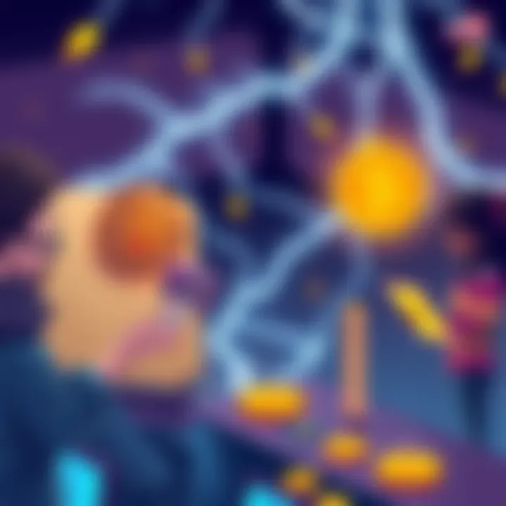 Illustration showing people making cryptocurrency transactions using the Lightning Network and traditional Bitcoin, highlighting the differences in adoption and usage.