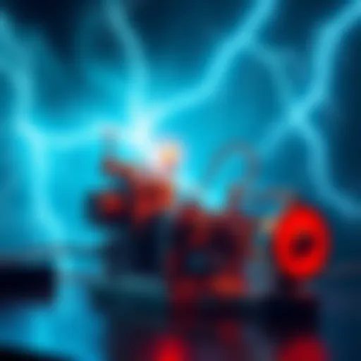 A Rube Goldberg machine with components malfunctioning due to a lightning strike, showcasing its whimsical design and mechanical breakdowns.