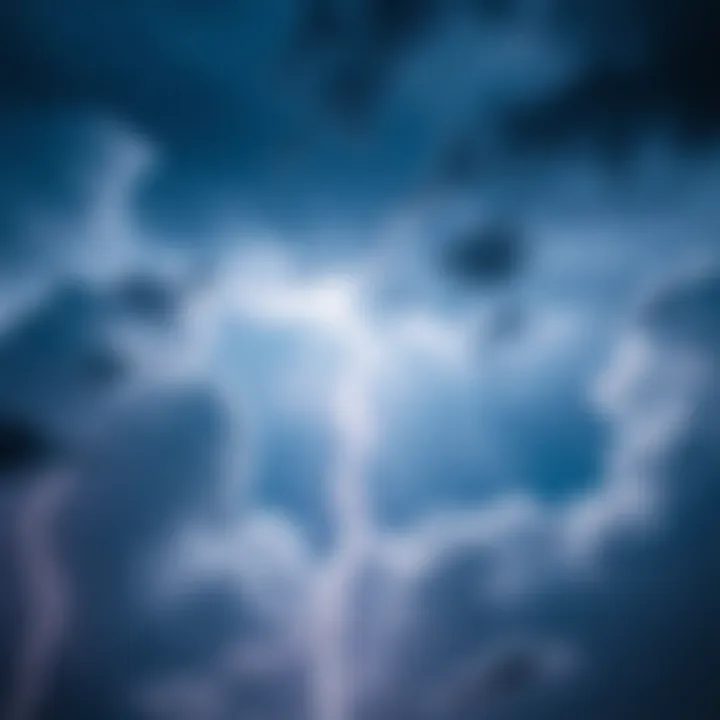 A bright bolt of lightning striking down from a stormy sky, illuminating the clouds around it.