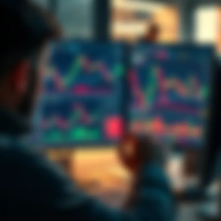 A beginner trader analyzing limit and market orders on a computer screen with charts and graphs.