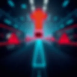 A graphic showing a downward arrow representing falling prices, with a wallet icon and warning signs to illustrate liquidation risk in perpetual trading.