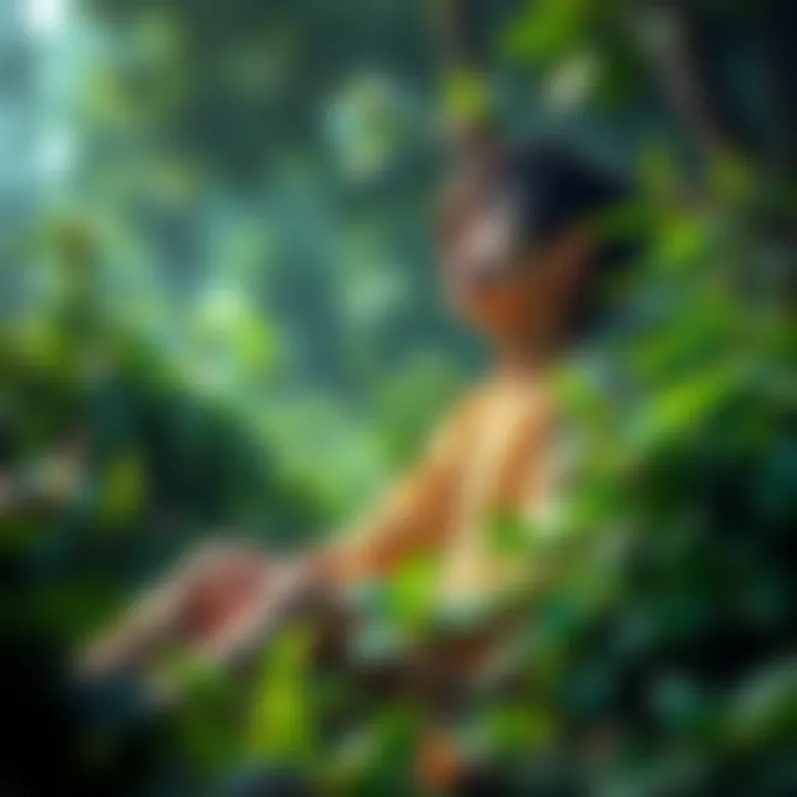 A person sitting in a lush green area, eyes closed, enjoying the calming sounds of snails and nature.