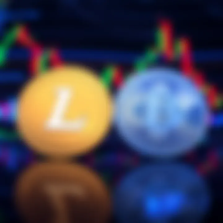 A side-by-side comparison of Litecoin and Bitcoin logos with a background of market charts, illustrating their differences and market perceptions.