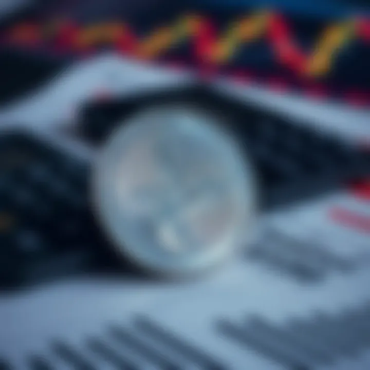 A physical Litecoin coin resting on a financial report and calculator, symbolizing market analysis and investment potential.