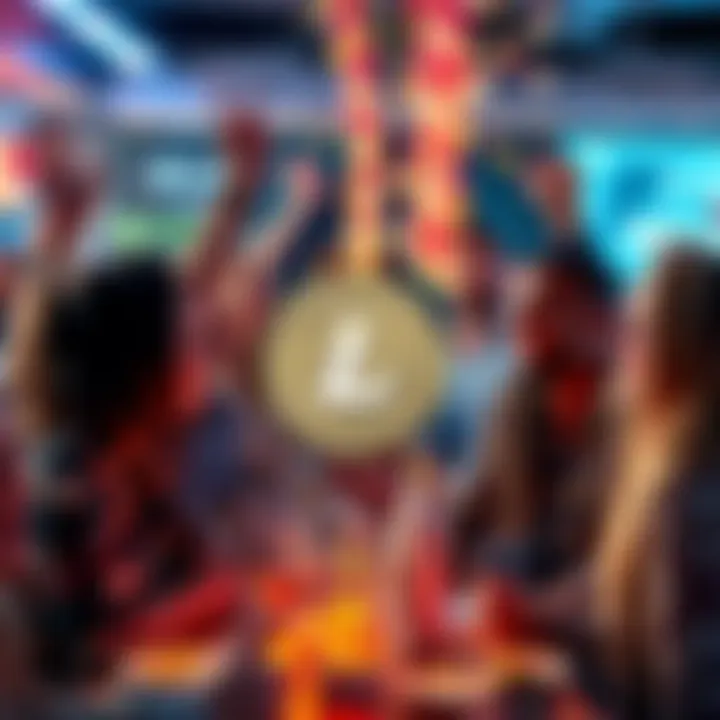 People celebrating Litecoin A group of cryptocurrency enthusiasts discussing Litecoin's growth and trends in a casual setting, showing excitement and engagement