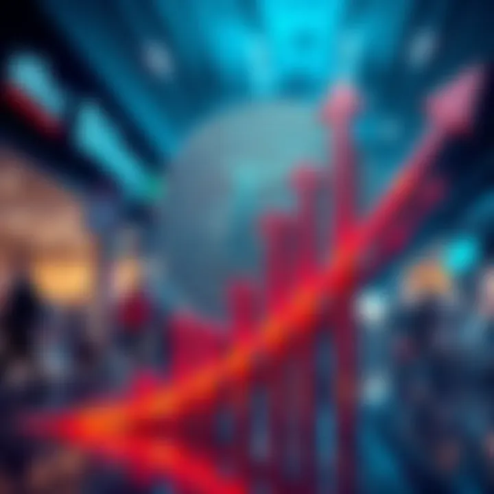 A digital representation of Litecoin with upward arrows symbolizing growth, background featuring banking elements and retail shopping scenes