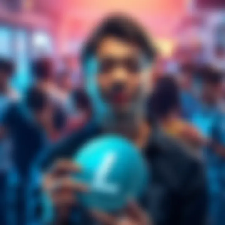 A person with a hopeful expression holding a Litecoin logo, surrounded by a supportive community in the background
