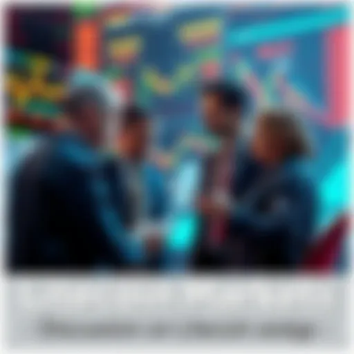 Traders exchanging ideas about Litecoin markets with charts and graphs in the background