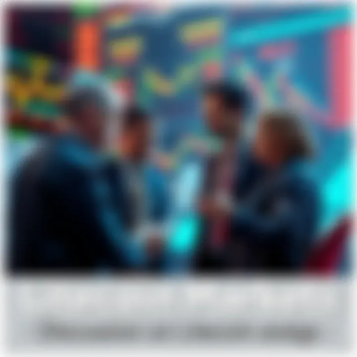 Traders exchanging ideas about Litecoin markets with charts and graphs in the background