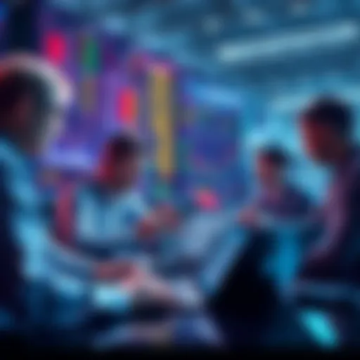Group of traders discussing Litecoin market trends and strategies with charts and laptops