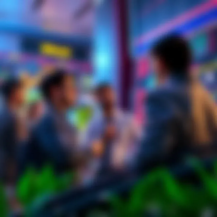 A group of people discussing trading strategies and technical analysis for Litecoin in a vibrant setting
