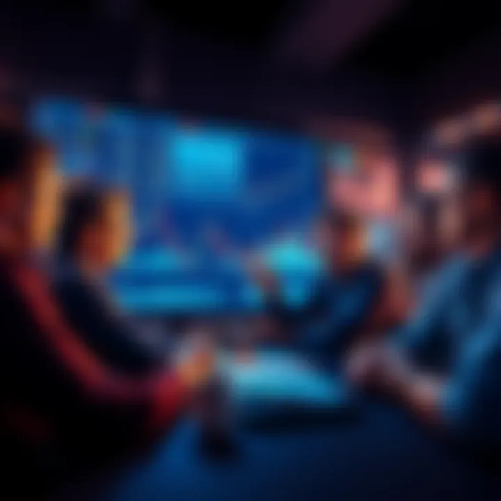 A group of people discussing Litecoin markets with charts and graphs on a screen.