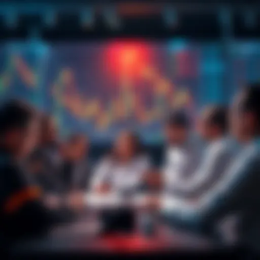 Group of traders discussing Litecoin strategies with charts and graphs in the background