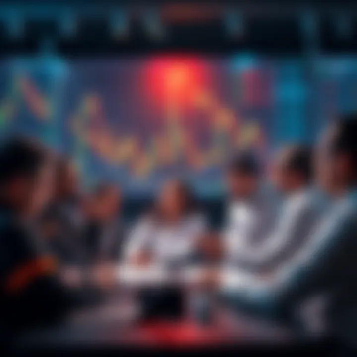 Group of traders discussing Litecoin strategies with charts and graphs in the background