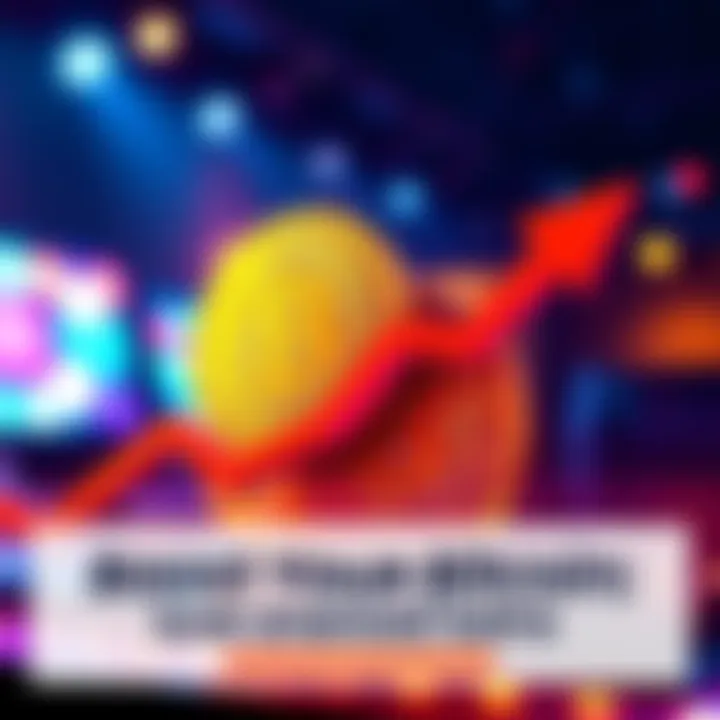 A digital graphic showing Bitcoin symbols with an upward arrow and text about a live event to boost APY.