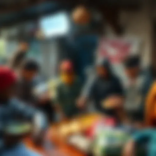 A group of people sharing food and resources in a community setting, highlighting support without financial exchange.