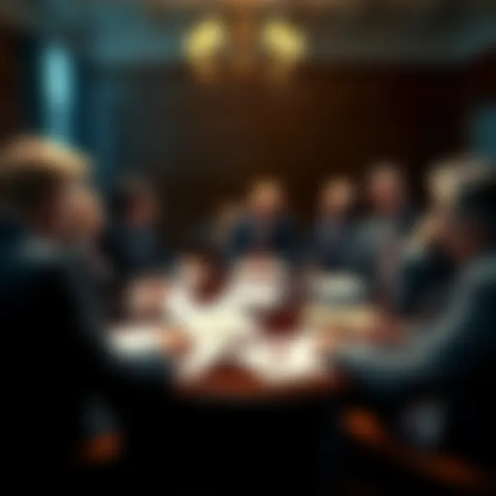 A group of people in a meeting discussing lobbying strategies and financial implications for a pardon, with documents and charts on the table