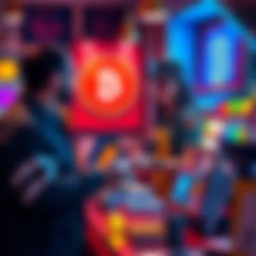 A small shop owner accepting cryptocurrency payments from a customer at the register, with a digital currency logo in the background.