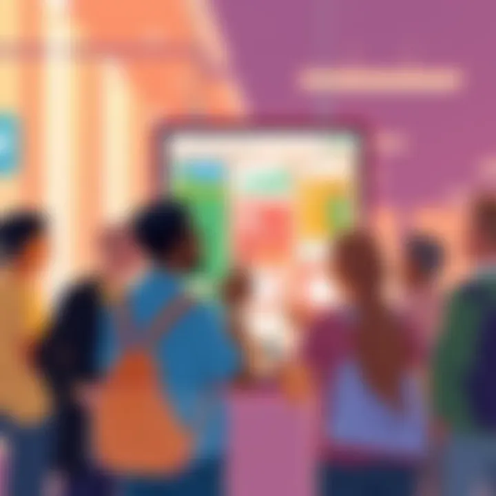 Illustration showing a diverse group of people engaging with a digital screen displaying local buying trends and options