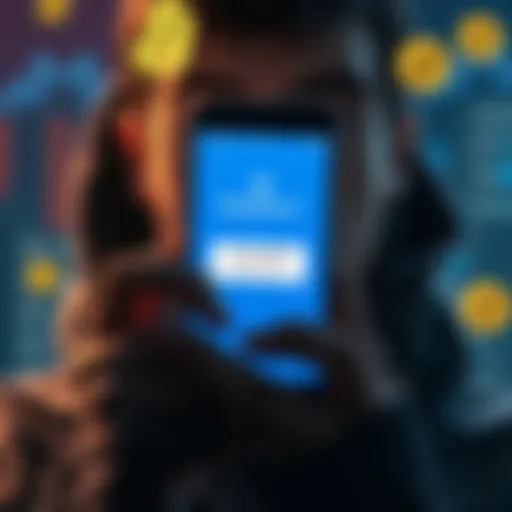 A frustrated person staring at a smartphone with the Blockchain.com app displayed, showing a 'Access Denied' message, surrounded by symbols of digital currency.