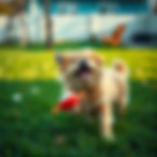 Loken, a fluffy dog, joyfully playing with a toy in a green yard