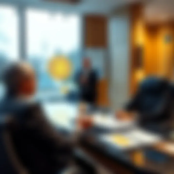 A person discussing Lombard loans against Bitcoin with a bank advisor in a Swiss bank office, showcasing financial documents and Bitcoin graphics in the background.