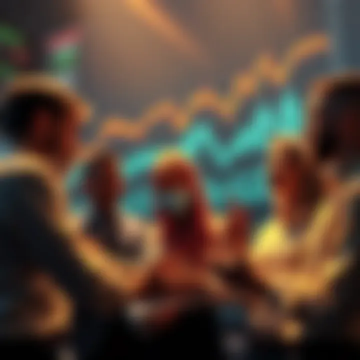 Long-Term Holding in Cryptocurrency A group of people discussing cryptocurrency investments, with charts and graphs showing market trends in the background.