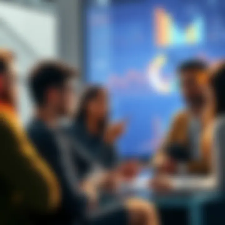 A group of diverse people discussing token investments, highlighting team transparency and community engagement, with charts and graphs in the background.