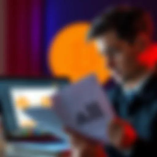 A person looking frustrated while examining a paper wallet and a laptop screen showing a failed Electrum wallet recovery, with a Bitcoin logo in the background.