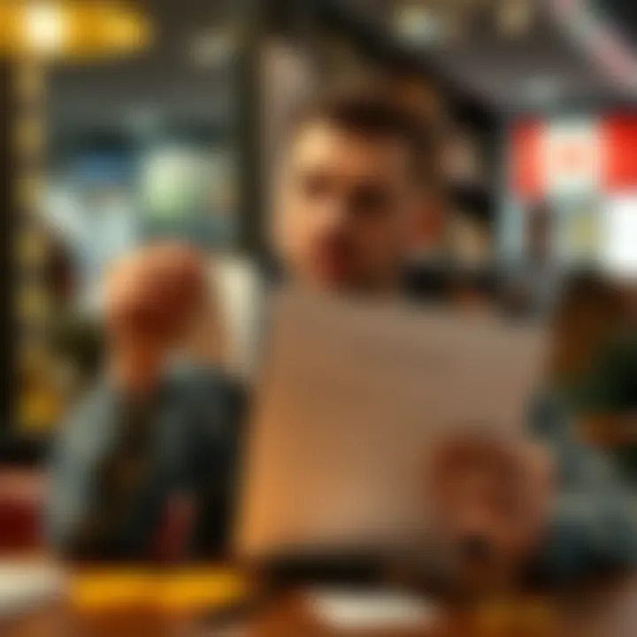 A Canadian man holding a blank piece of paper with codes, looking hopeful as he searches for help in a local cafe.