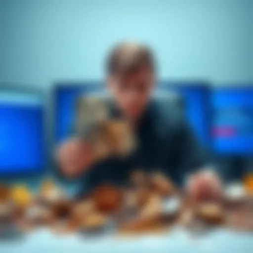 A man looking disappointed while holding a crumpled dollar bill, surrounded by broken coins and a computer showing a scam warning.