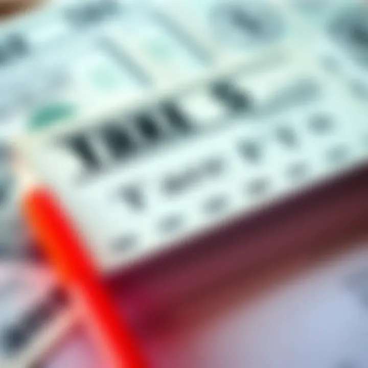 A visual representation of a lottery ticket with dollar bills and a tax document, showing the financial impact of winning and taxes