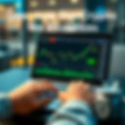 A person comparing different cryptocurrency exchange platforms on a laptop, focusing on low-fee options, with charts and graphs displayed on the screen.