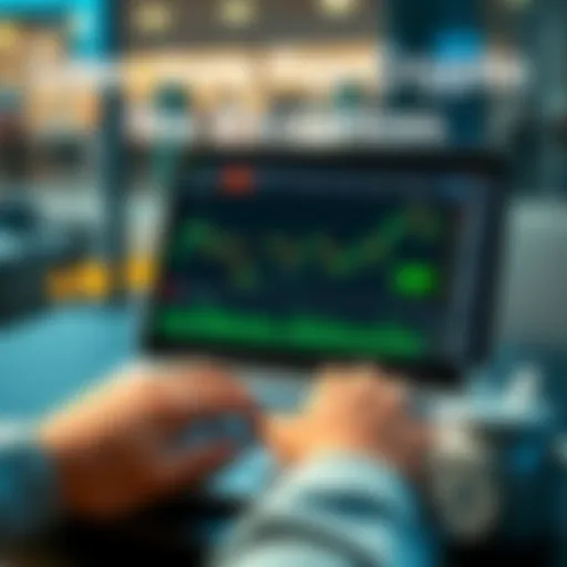 A person comparing different cryptocurrency exchange platforms on a laptop, focusing on low-fee options, with charts and graphs displayed on the screen.