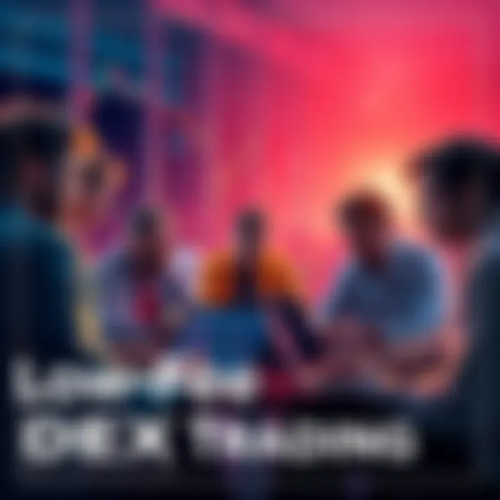 A group of people discussing decentralized exchanges and low-fee trading options on laptops.