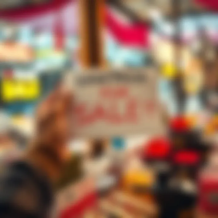 A person holds a sign with 'For Sale' written on it, showing low prices. Items are displayed on a table in a market setting.