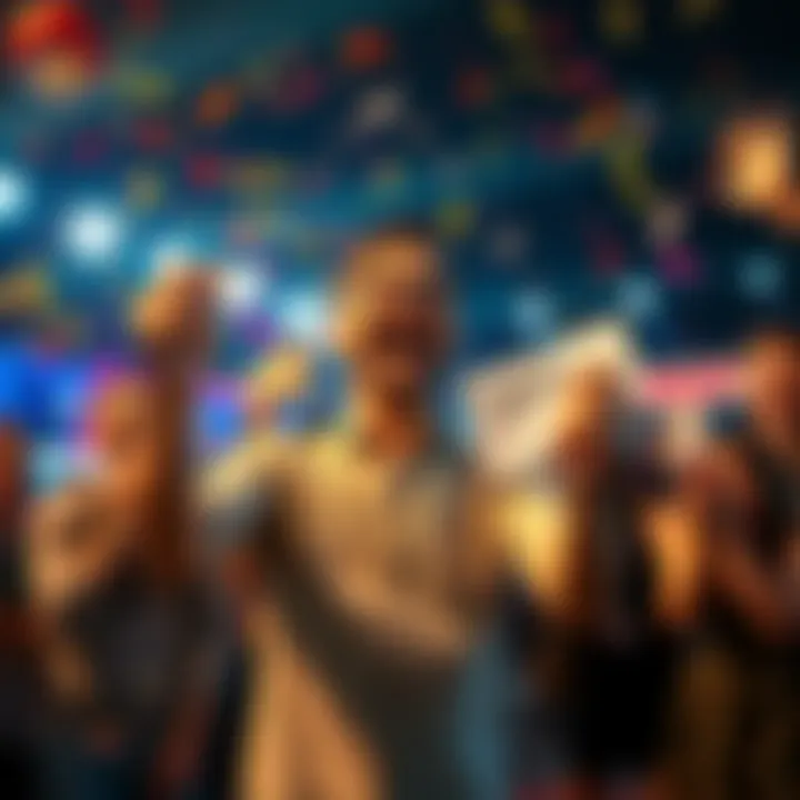 A person joyfully holding a lottery ticket, surrounded by confetti and friends, celebrating a big win.