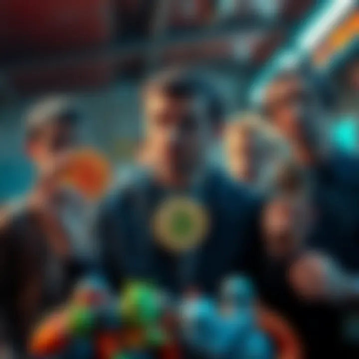 Luke Forkalone looks puzzled while holding Bitcoin in one hand and Forkenstein collectibles in the other, surrounded by confused friends.
