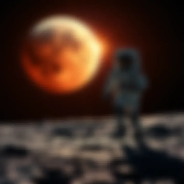 Astronaut walking on the moon's surface with Earth visible in the background