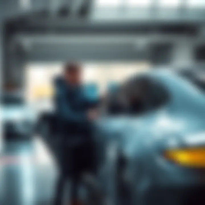 A person receiving a high-end car from seller 911R, inspecting the vehicle carefully in a garage setting.