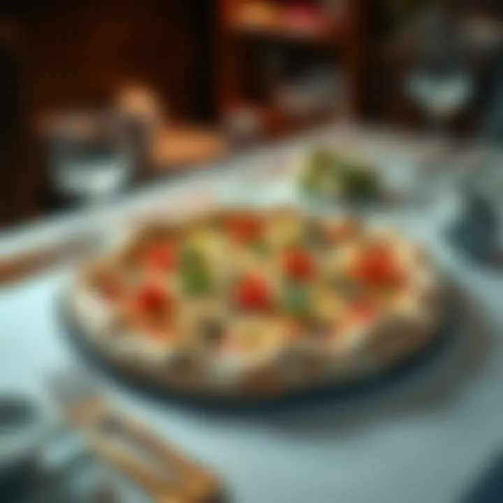 An extravagant pizza topped with gold leaf, caviar, and truffle oil on a fine dining table