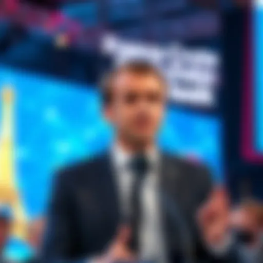President Macron speaking at an event with a blockchain theme in Paris, highlighting France's shift towards cryptocurrency and blockchain technology.