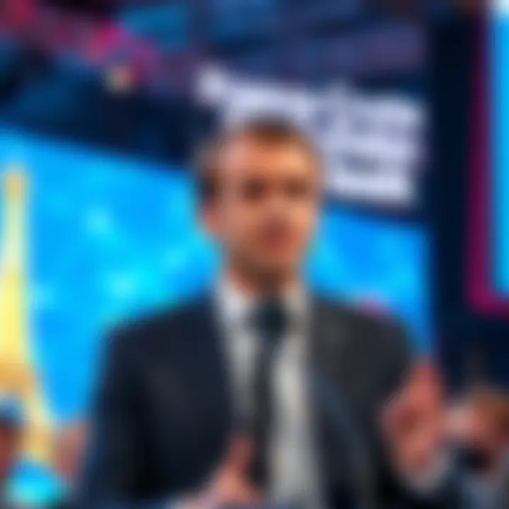 President Macron speaking at an event with a blockchain theme in Paris, highlighting France's shift towards cryptocurrency and blockchain technology.