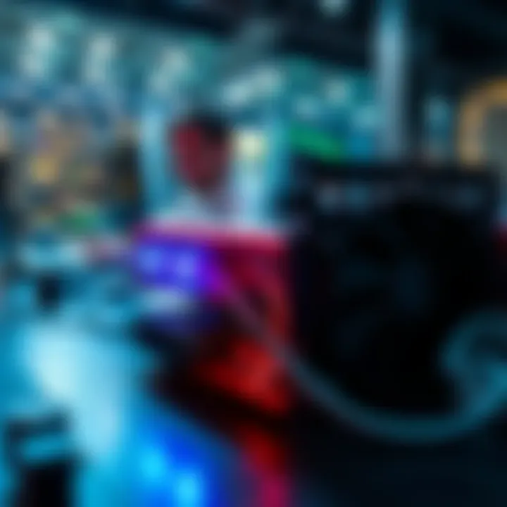 A close-up view of the Magic Miner BG02 model with users discussing it on their laptops and tablets in the background