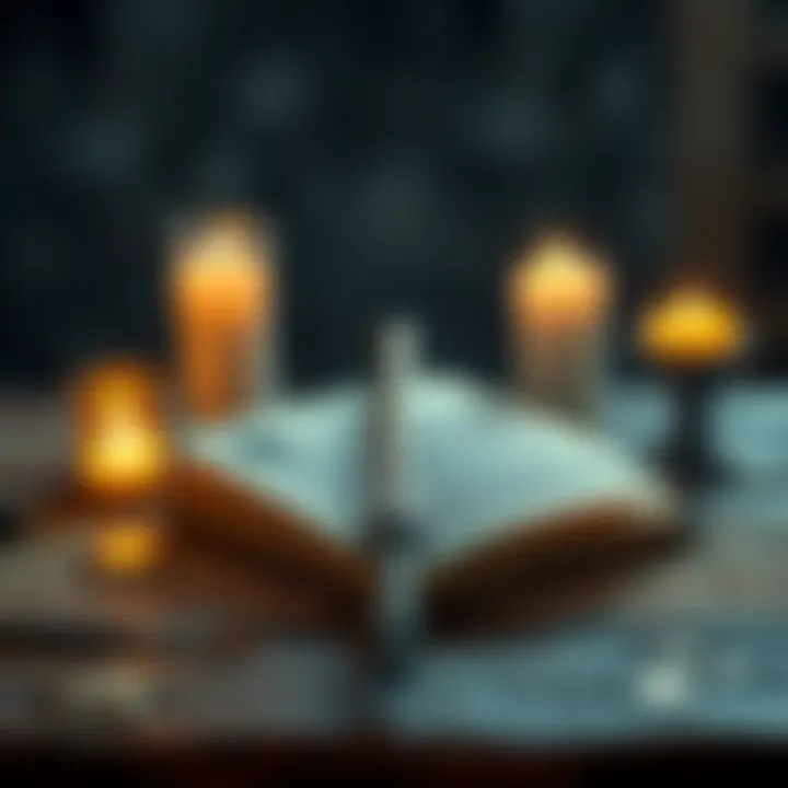 A close-up of a wand and an open spellbook on a wooden table, surrounded by mystical symbols and candles.