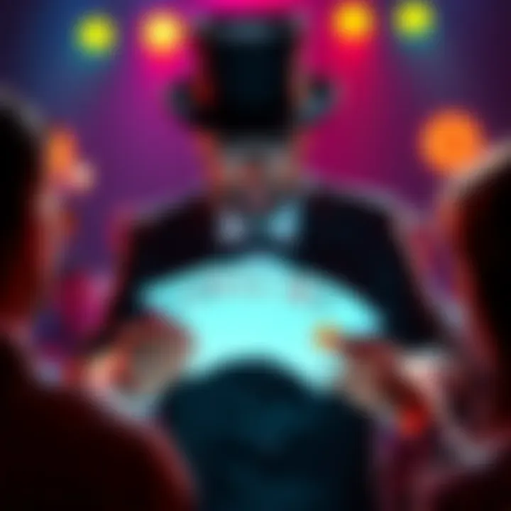 A magician shows seven cards to a volunteer during a live performance, inviting the audience to solve a number challenge with Bitcoin rewards.