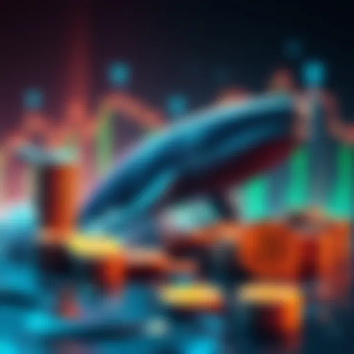 A whale symbolizing a major market player, with stacks of coins and blockchain graphics in the background, representing the large investment in AAVE and BTC.