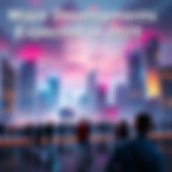 A futuristic city skyline with bright lights and people looking toward the horizon, symbolizing anticipation for upcoming changes in 2025.