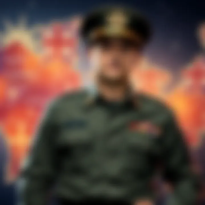 Major Lowery standing confidently in military uniform, with strategic maps in the background, symbolizing authority and power projection.